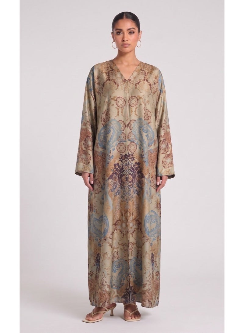 Next Abaya Beige Printed Silk Abaya  Description: - Image 1