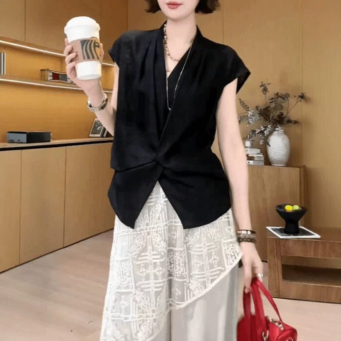 Korean-style V-Neck Short Sleeve Blouse with Drawstrings, Casual Chic - Image 1