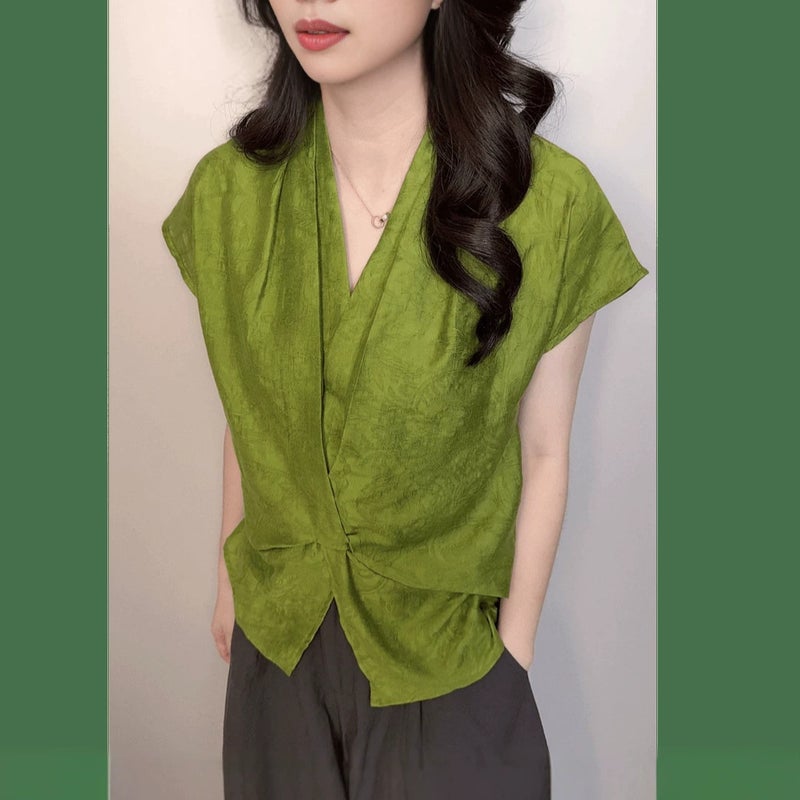 Korean-style V-Neck Short Sleeve Blouse with Drawstrings, Casual Chic - Image 2