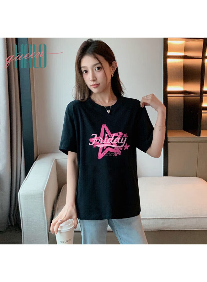 HALOQUEEN Halo Queen Short-sleeve T-shirt For Women, Summer Lightweight Korean-style Round Neck T-shirt Top, Fashionable Star Print T-shirt H143t1529 - Image 1