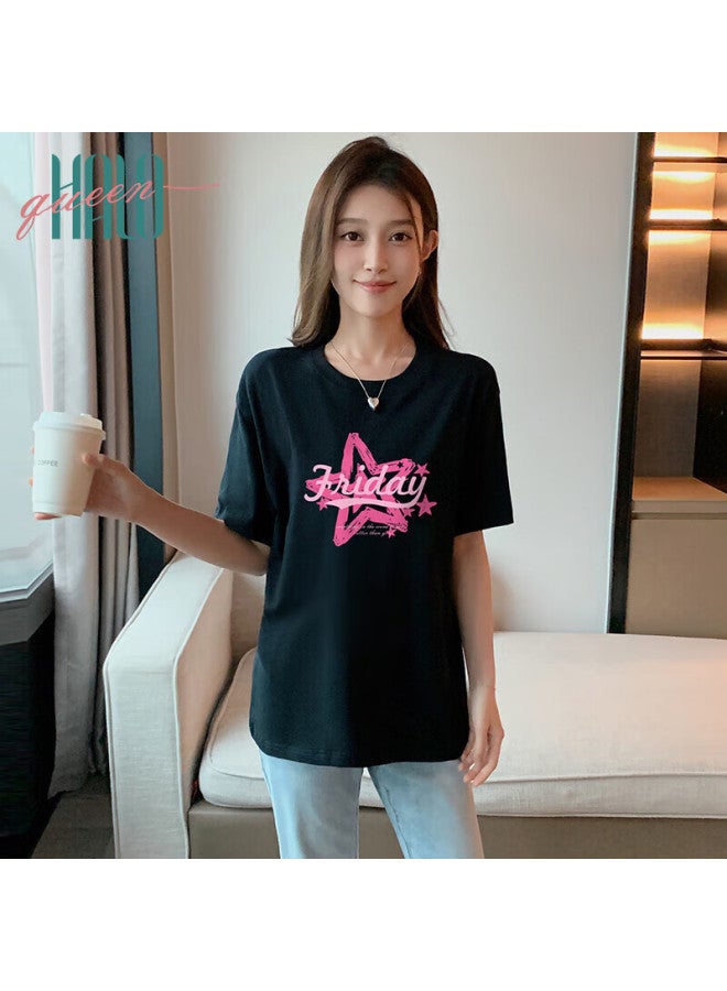 HALOQUEEN Halo Queen Short-sleeve T-shirt For Women, Summer Lightweight Korean-style Round Neck T-shirt Top, Fashionable Star Print T-shirt H143t1529 - Image 2