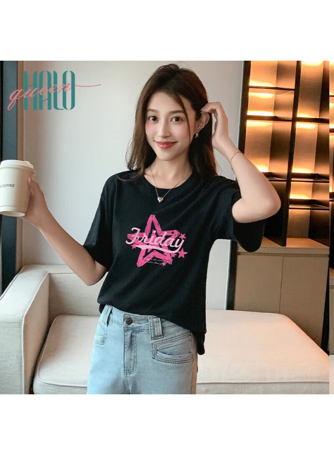 HALOQUEEN Halo Queen Short-sleeve T-shirt For Women, Summer Lightweight Korean-style Round Neck T-shirt Top, Fashionable Star Print T-shirt H143t1529 - Image 4