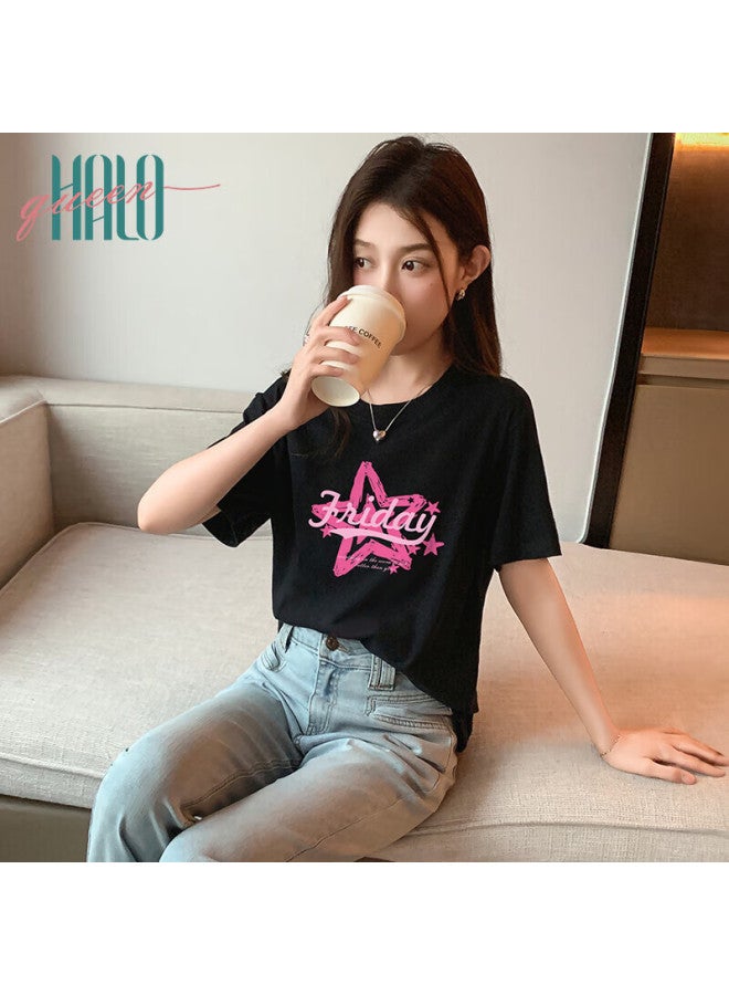 HALOQUEEN Halo Queen Short-sleeve T-shirt For Women, Summer Lightweight Korean-style Round Neck T-shirt Top, Fashionable Star Print T-shirt H143t1529 - Image 5