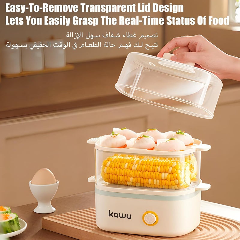 كاو KAWU طباخ بيض مزدوج الطبقة سريع للطعام، طباخ بيض كهربائي لتحضير الإفطار مع إيقاف تلقائي، سعة 12 بيضة، مناسب لتبخير الذرة، الكعك، البيلاف، الوجبات الخفيفة - Image 3
