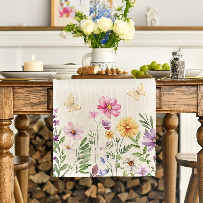 Artoid Mode Flowers Butterfly Spring Table Runner, Seasonal Summer Kitchen Dining Table Decoration for Home Party Decor 13x72 Inch - Image 2