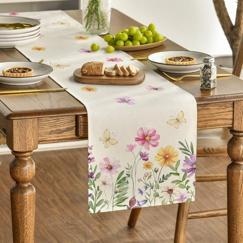 Artoid Mode Flowers Butterfly Spring Table Runner, Seasonal Summer Kitchen Dining Table Decoration for Home Party Decor 13x72 Inch - Image 3