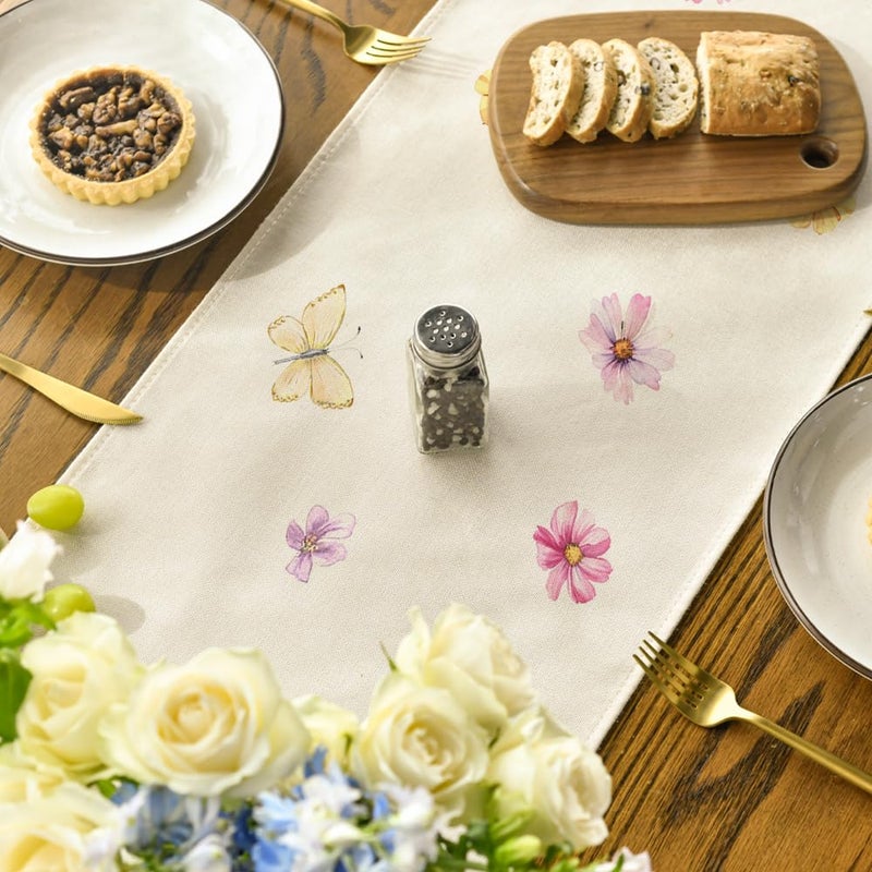 Artoid Mode Flowers Butterfly Spring Table Runner, Seasonal Summer Kitchen Dining Table Decoration for Home Party Decor 13x72 Inch - Image 4