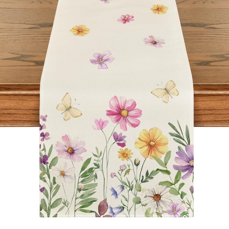 Artoid Mode Flowers Butterfly Spring Table Runner, Seasonal Summer Kitchen Dining Table Decoration for Home Party Decor 13x72 Inch - Image 1