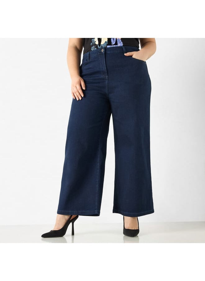 Ulla Popken Plus Size Ulla Popken Solid Wide Leg Jeans with Button Closure  - Image 1