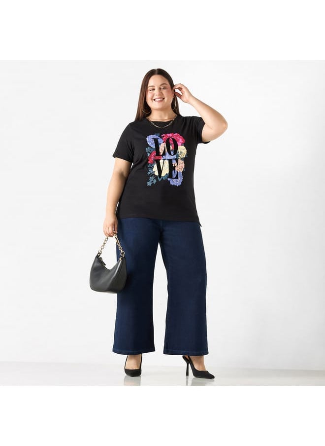 Ulla Popken Plus Size Ulla Popken Solid Wide Leg Jeans with Button Closure  - Image 2
