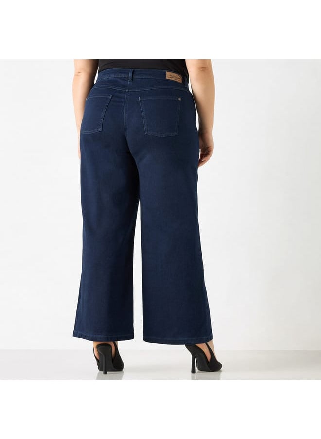 Ulla Popken Plus Size Ulla Popken Solid Wide Leg Jeans with Button Closure  - Image 3