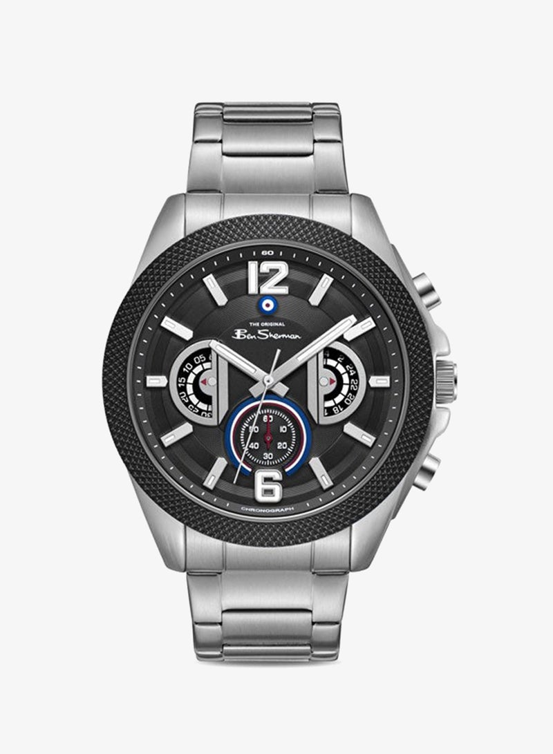 Ben Sherman Sheffield Black Dial Stainless Steel Bracelet Chronograph Watch for Men, 44mm - Image 1