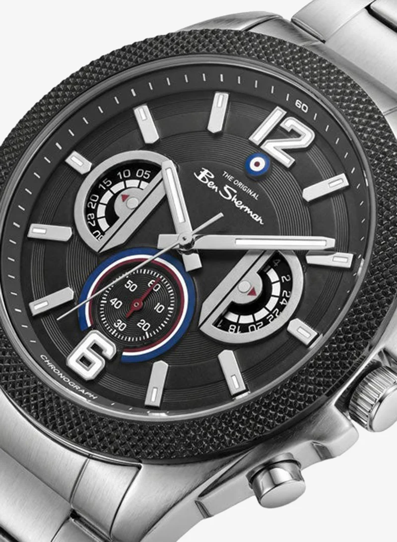 بين شيرمان Sheffield Black Dial Stainless Steel Bracelet Chronograph Watch for Men, 44mm