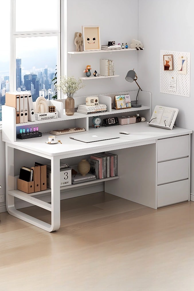 AIWANTO Modern Home Office Desk with 3 Large Drawers – Sturdy Workstation with Storage Shelves for Study, Laptop & PC Use (140x103x50cm) - Image 1