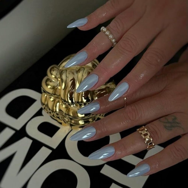 KQueenest Baby Blue Press On Nails Almond - KQueenest Chrome Press On Nails Medium, Sparkle Fake Nails Press ons Glitter Glue on Nails Medium Stiletto with Glazed Finish, Stick On Nails for Women Wedding Wear - Image 2