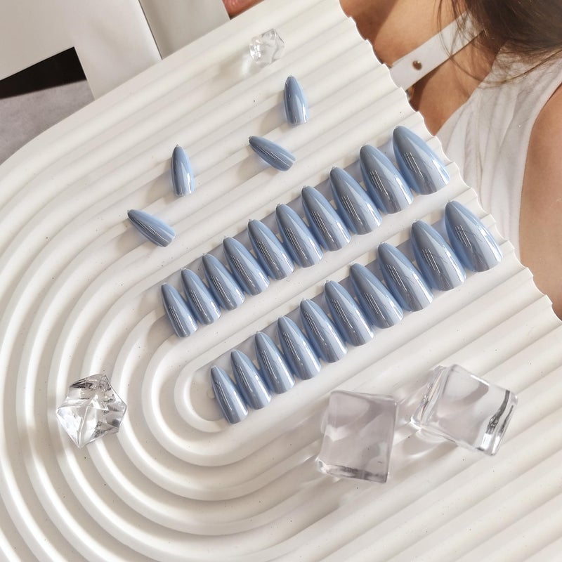 KQueenest Baby Blue Press On Nails Almond - KQueenest Chrome Press On Nails Medium, Sparkle Fake Nails Press ons Glitter Glue on Nails Medium Stiletto with Glazed Finish, Stick On Nails for Women Wedding Wear - Image 4