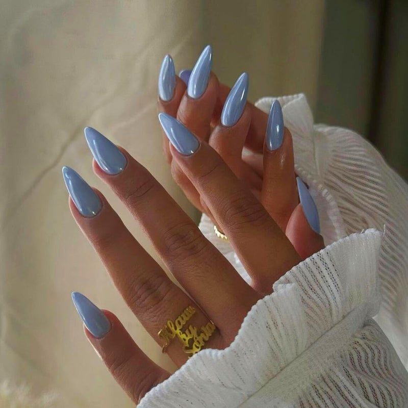 KQueenest Baby Blue Press On Nails Almond - KQueenest Chrome Press On Nails Medium, Sparkle Fake Nails Press ons Glitter Glue on Nails Medium Stiletto with Glazed Finish, Stick On Nails for Women Wedding Wear - Image 3