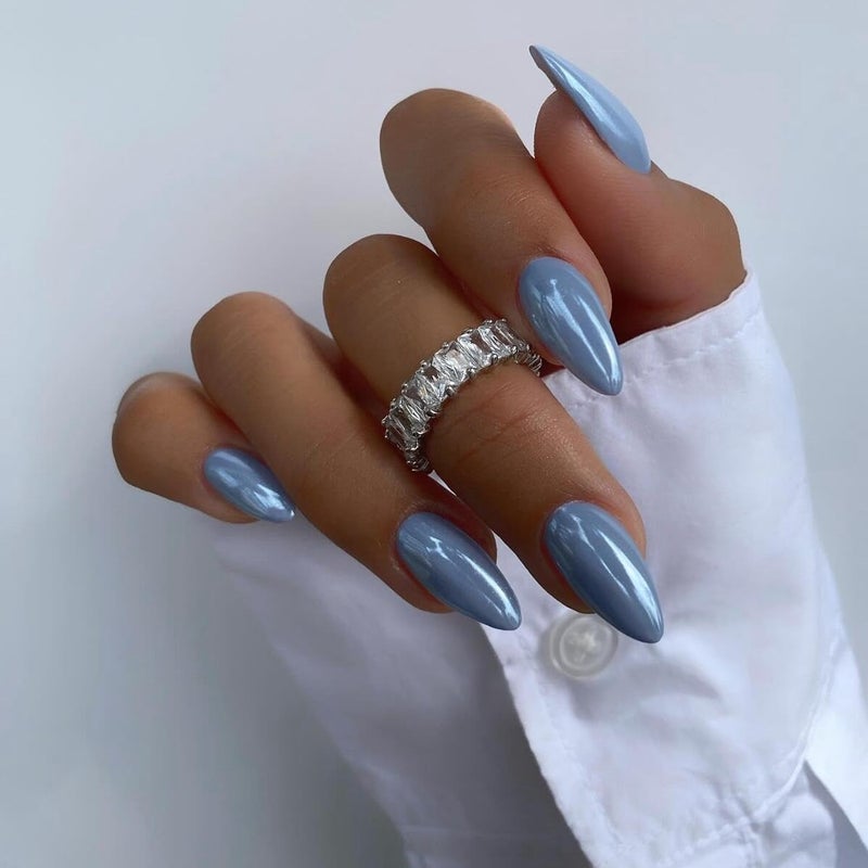 KQueenest Baby Blue Press On Nails Almond - KQueenest Chrome Press On Nails Medium, Sparkle Fake Nails Press ons Glitter Glue on Nails Medium Stiletto with Glazed Finish, Stick On Nails for Women Wedding Wear - Image 1