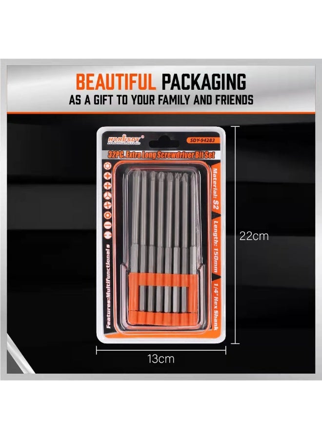 هورسدي مجموعة رؤوس مفكات كهربائية 32 قطعة بطول إضافي 150 ملم – مصنوعة من فولاذ S2 متين مع حامل تخزين، تشمل شق، توركس، فيليبس، سداسي ورؤوس أمان - Image 2