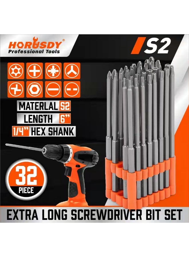 هورسدي مجموعة رؤوس مفكات كهربائية 32 قطعة بطول إضافي 150 ملم – مصنوعة من فولاذ S2 متين مع حامل تخزين، تشمل شق، توركس، فيليبس، سداسي ورؤوس أمان - Image 4
