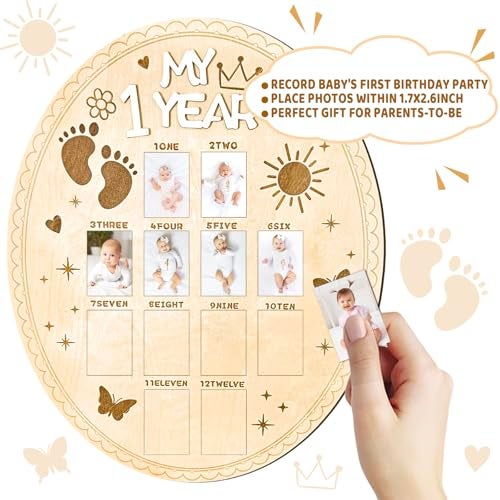 Barri Design My First Year Photo Board Baby Photo Frame 1st Year Birthday Display Picture Wood Board Boy Girls 12 Months Milestone Picture Frame Boys or Girls Keepsake Gift Baby Shower First Birthday Party Decor - Image 5
