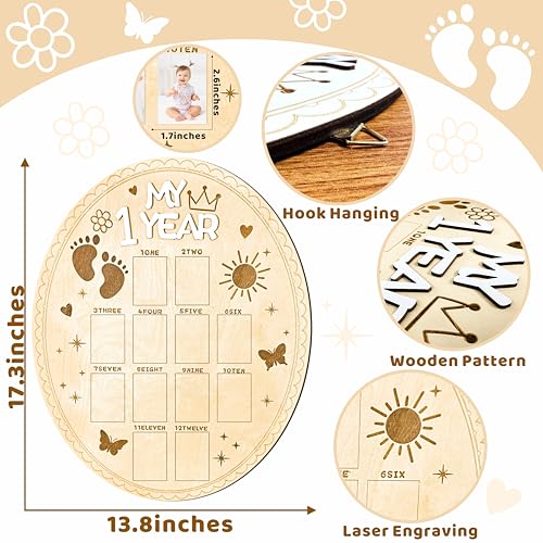 Barri Design My First Year Photo Board Baby Photo Frame 1st Year Birthday Display Picture Wood Board Boy Girls 12 Months Milestone Picture Frame Boys or Girls Keepsake Gift Baby Shower First Birthday Party Decor - Image 3