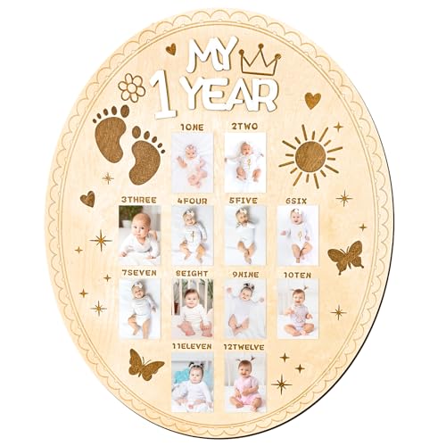 Barri Design My First Year Photo Board Baby Photo Frame 1st Year Birthday Display Picture Wood Board Boy Girls 12 Months Milestone Picture Frame Boys or Girls Keepsake Gift Baby Shower First Birthday Party Decor - Image 1