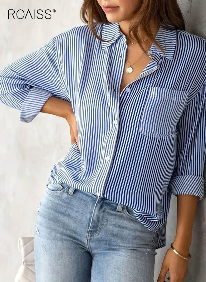 رويس قميص بولو نسائي مخطط بياقة وأزرار أمامية، بقصة فضفاضة ومريحة وجيدة التهوية، بأكمام طويلة، مناسب للارتداء اليومي أو العمل، مزود بجيوب، لون أزرق - Image 1