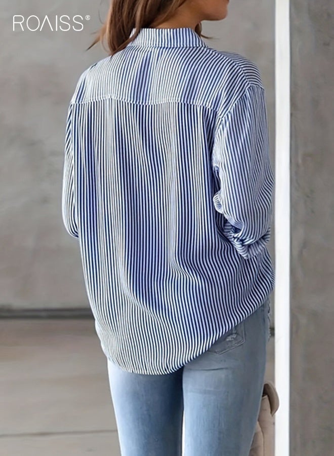 رويس قميص بولو نسائي مخطط بياقة وأزرار أمامية، بقصة فضفاضة ومريحة وجيدة التهوية، بأكمام طويلة، مناسب للارتداء اليومي أو العمل، مزود بجيوب، لون أزرق - Image 4