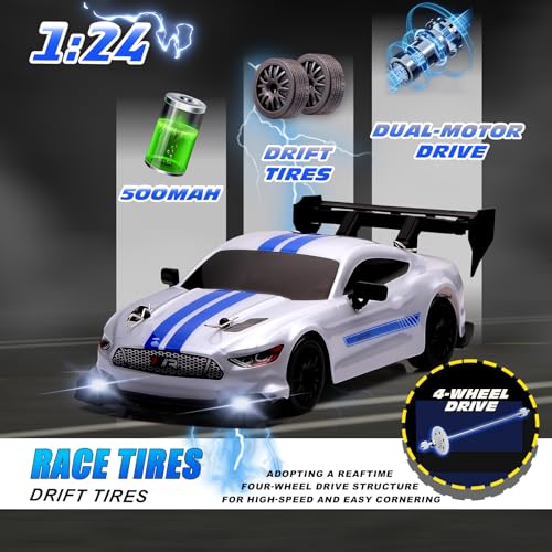 jaming 1:24 Scale RC Drift Car,4WD 2.4GHz High Speed Racing Hobby Sport Toy Car Vehicle with LED Lights,Racing and Drift Wheels for Adult Boys Girls Kids Gift (8602-White) - Image 4