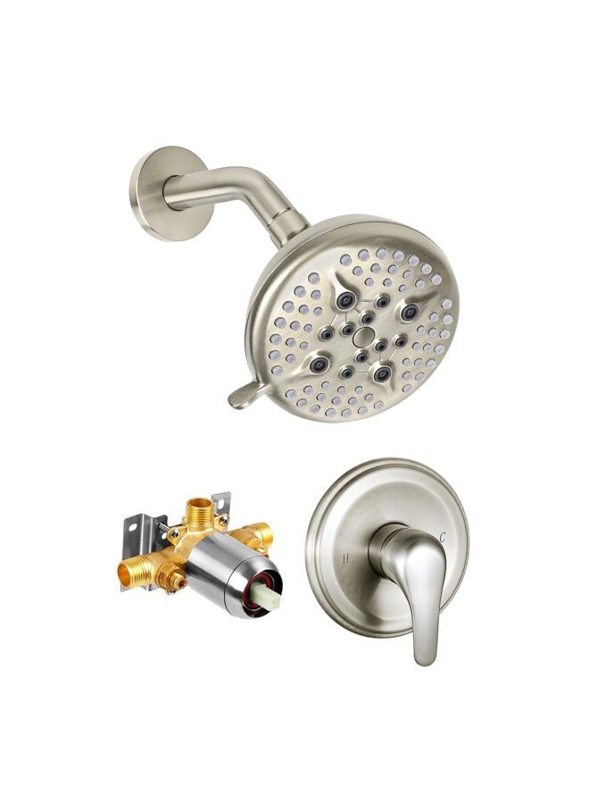 KINSE shower faucet set with shower valve，5-inch shower head 5 Spray Modes，shower kits with shower valve system，shower head with handle（Brushed Nickel ） - Image 1