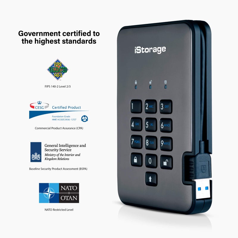 iStorage diskAshur PRO2 HDD سعة 5TB | قرص صلب محمول آمن | معتمد من FIPS المستوى 3 | محمي بكلمة مرور | مقاوم للغبار والماء | تشفير الأجهزة - Image 2