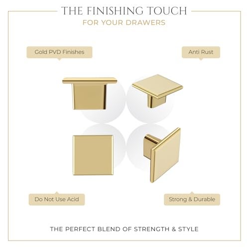 LAPO Drawer Knobs for Furniture | Square Cabinet Knob | Ideal for Kitchen & Dresser Use | PVD Gold Finish | Durable Decorative Hardware | 3 Years Warranty | Pack of 10 - Image 5