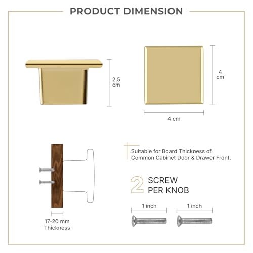 LAPO Drawer Knobs for Furniture | Square Cabinet Knob | Ideal for Kitchen & Dresser Use | PVD Gold Finish | Durable Decorative Hardware | 3 Years Warranty | Pack of 10 - Image 2
