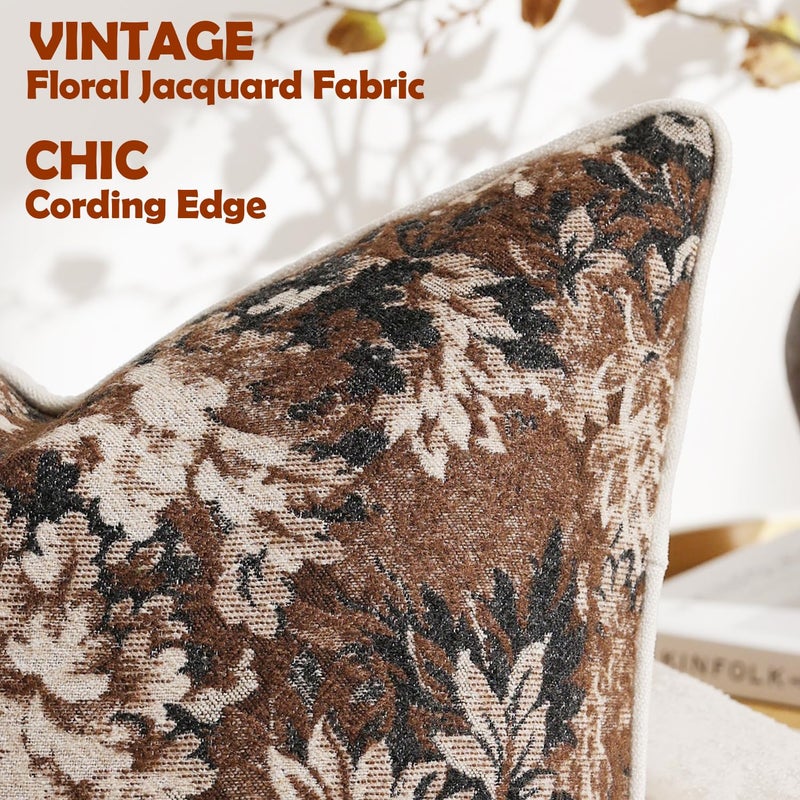 DEZENE Pack of 2 Vintage Floral Throw Pillow Covers 20x20 Boho Farmhouse Accents Chenille Square Decorative Pillow Cases for Living Room Couch Bed Home Decor, Dark Brown - Image 3