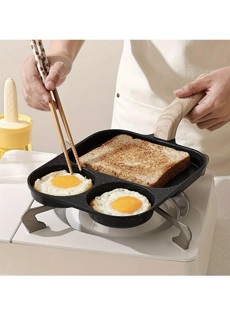 مقلاة متعددة الاستخدامات مصنوعة من سبائك الألومنيوم غير اللاصقة، ذات حجرتين للبيض والخبز المحمص - مقاومة للصدأ بمقابض خشبية، مثالية للطهي بالغاز والحث - Image 1