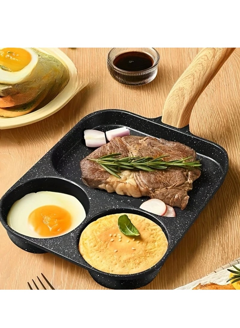 مقلاة متعددة الاستخدامات مصنوعة من سبائك الألومنيوم غير اللاصقة، ذات حجرتين للبيض والخبز المحمص - مقاومة للصدأ بمقابض خشبية، مثالية للطهي بالغاز والحث - Image 2