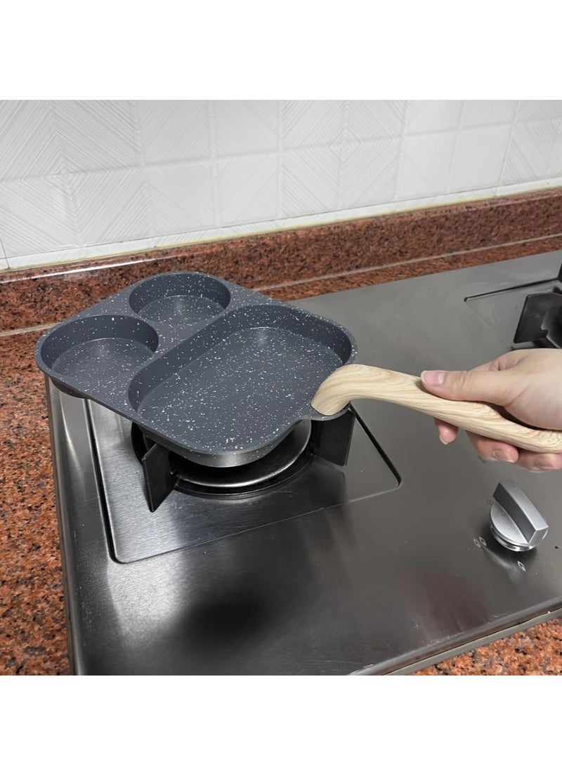 مقلاة متعددة الاستخدامات مصنوعة من سبائك الألومنيوم غير اللاصقة، ذات حجرتين للبيض والخبز المحمص - مقاومة للصدأ بمقابض خشبية، مثالية للطهي بالغاز والحث - Image 3