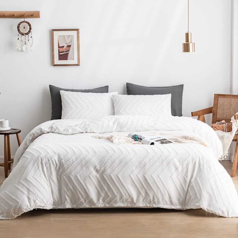 WARMDERN Boho Duvet Cover Set Tufted Bedding Duvet Covers Soft Washed Microfiber Duvet Cover Queen Size 3 Pieces Embroidery Shabby Chic Duvet Cover with Zipper ClosureWhite Queen