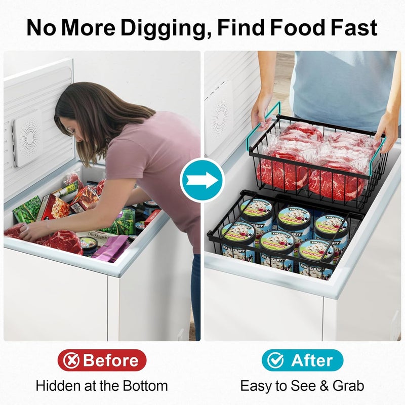 iSPECLE Freezer Organizer Bins - 4 Pack Stackable Deep Freezer Organizer Bins for 5 Cu.Ft Chest Freezer Easy Get Food from Bottom without Digging, Add Space Sort Store More Frozen Food, Black - Image 2