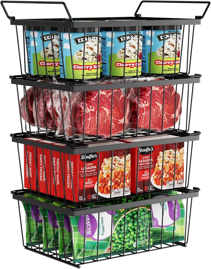 iSPECLE Freezer Organizer Bins - 4 Pack Stackable Deep Freezer Organizer Bins for 5 Cu.Ft Chest Freezer Easy Get Food from Bottom without Digging, Add Space Sort Store More Frozen Food, Black - Image 1
