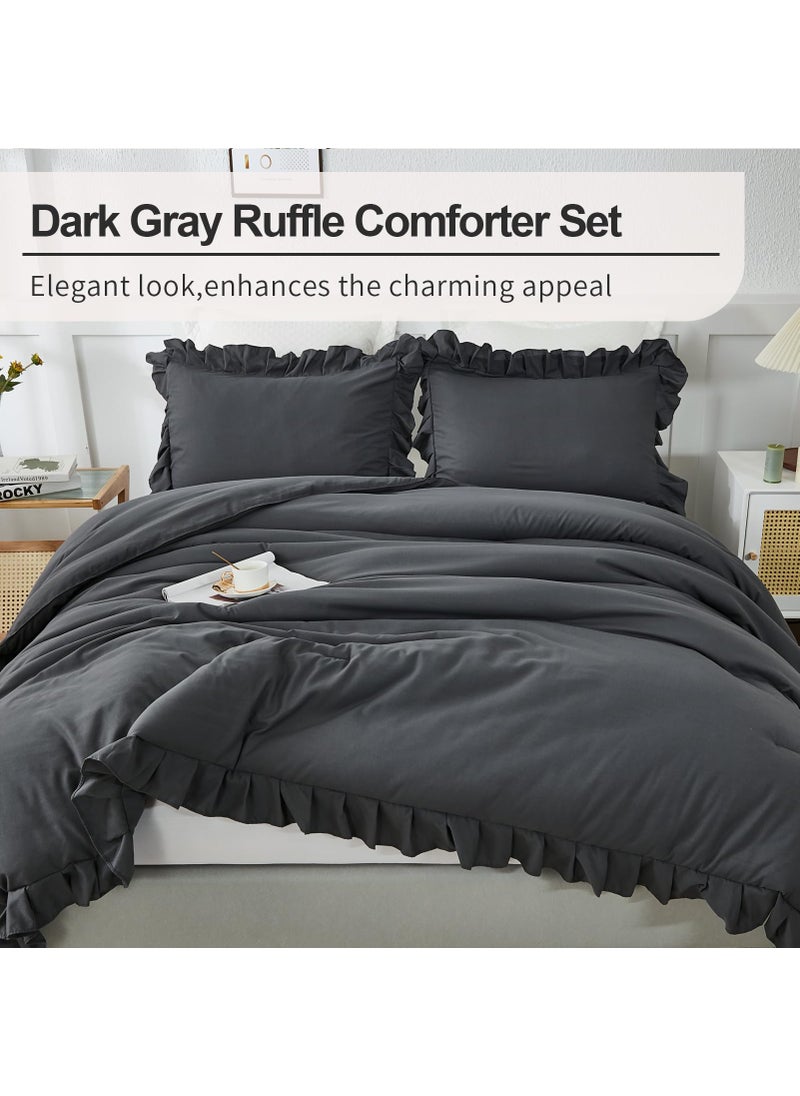 Andency Andency Dark Gray Twin Size Comforter  2 Pieces Kids All Season Ruffle Bed Comforter Set  Boho Lightweight Solid Farmhouse Shabby Chic Bedding Comforters & Sets (66x90Inch Comforter)  - Image 2