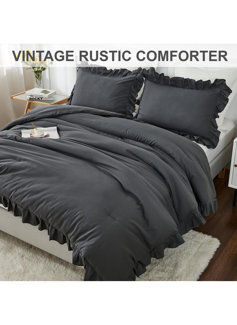 Andency Andency Dark Gray Twin Size Comforter  2 Pieces Kids All Season Ruffle Bed Comforter Set  Boho Lightweight Solid Farmhouse Shabby Chic Bedding Comforters & Sets (66x90Inch Comforter)  - Image 3