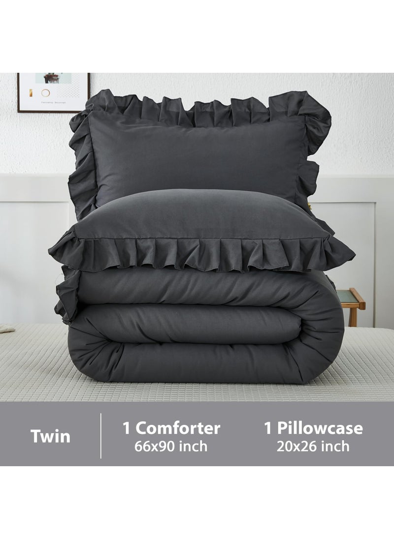 Andency Andency Dark Gray Twin Size Comforter  2 Pieces Kids All Season Ruffle Bed Comforter Set  Boho Lightweight Solid Farmhouse Shabby Chic Bedding Comforters & Sets (66x90Inch Comforter)  - Image 5
