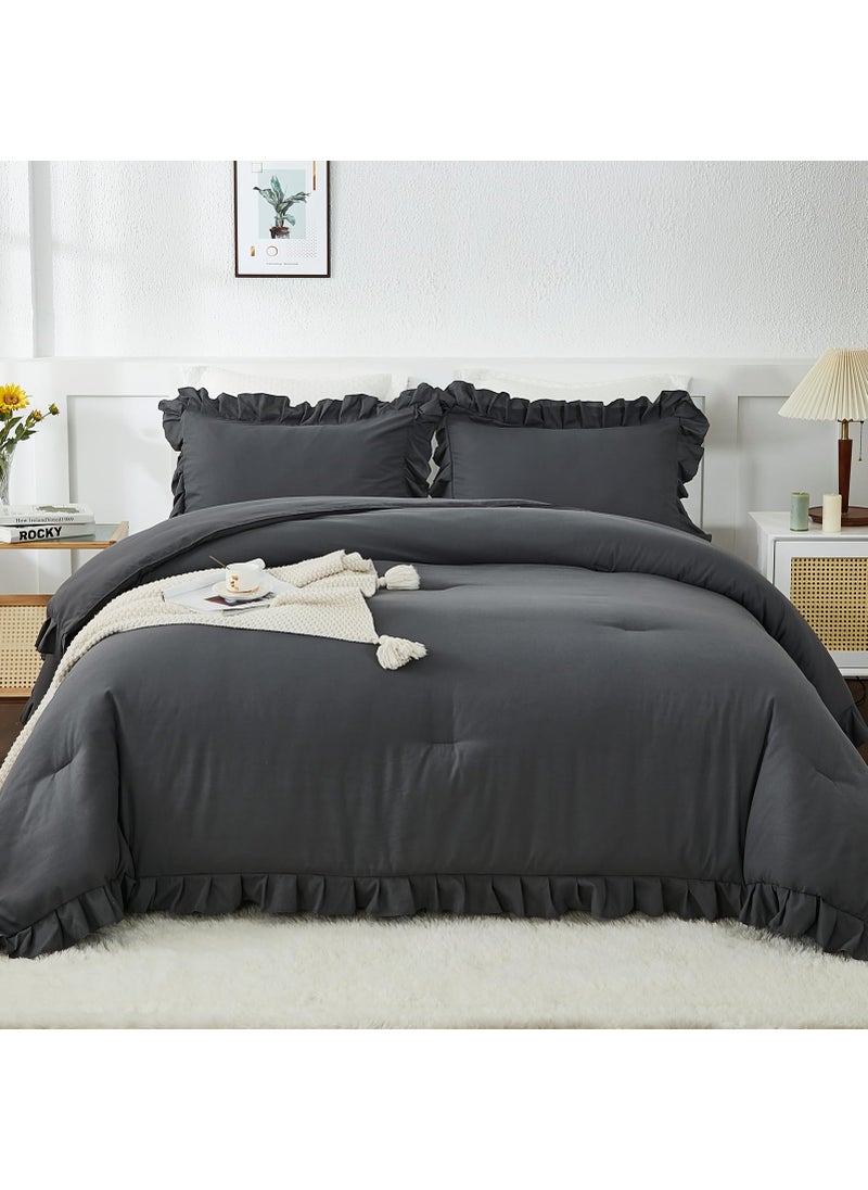 Andency Andency Dark Gray Twin Size Comforter  2 Pieces Kids All Season Ruffle Bed Comforter Set  Boho Lightweight Solid Farmhouse Shabby Chic Bedding Comforters & Sets (66x90Inch Comforter)  - Image 1