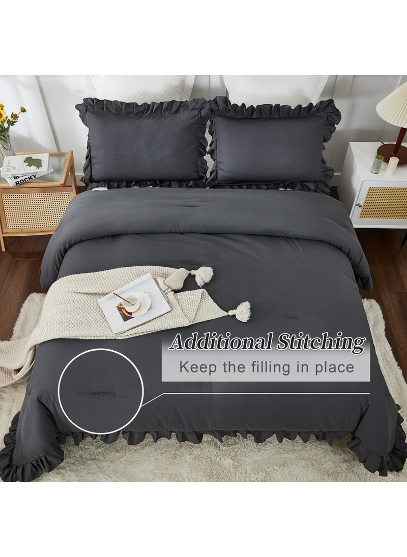 Andency Andency Dark Gray Twin Size Comforter  2 Pieces Kids All Season Ruffle Bed Comforter Set  Boho Lightweight Solid Farmhouse Shabby Chic Bedding Comforters & Sets (66x90Inch Comforter)  - Image 4