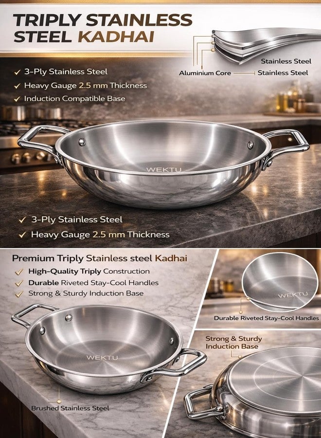 WEKTU Triply Stainless Steel Kadhai, 22 cm Diameter, 2.2 Litre Capacity, 3-Ply Construction with Aluminium Core, Induction Compatible - Image 5