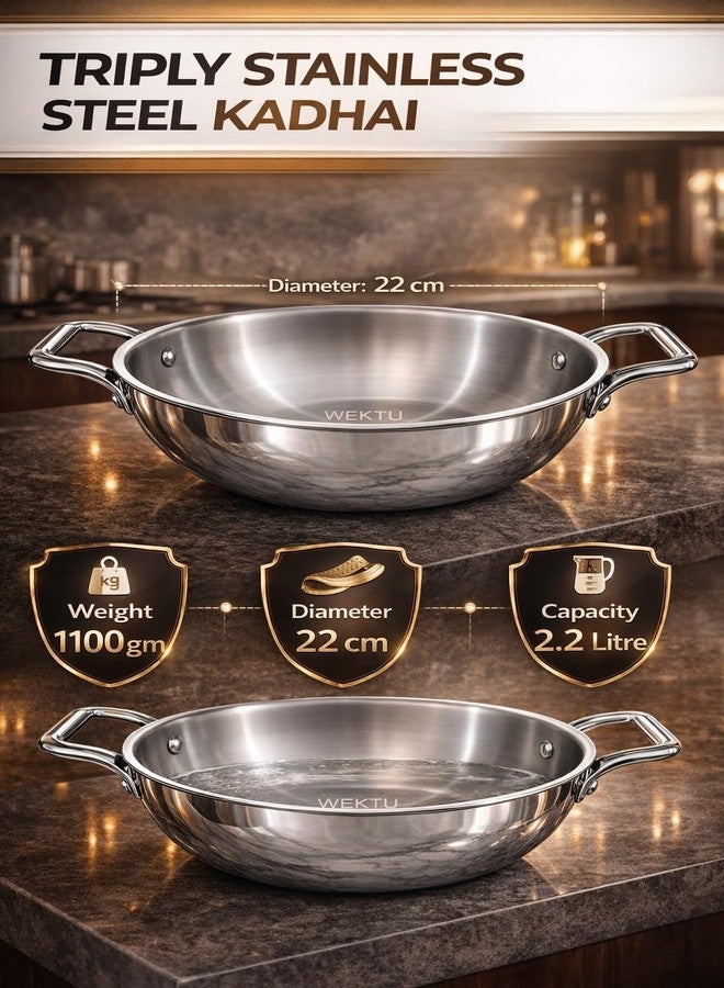 WEKTU Triply Stainless Steel Kadhai, 22 cm Diameter, 2.2 Litre Capacity, 3-Ply Construction with Aluminium Core, Induction Compatible - Image 2