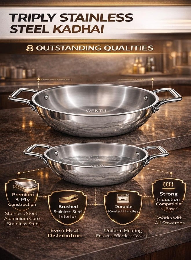 WEKTU Triply Stainless Steel Kadhai, 22 cm Diameter, 2.2 Litre Capacity, 3-Ply Construction with Aluminium Core, Induction Compatible - Image 3