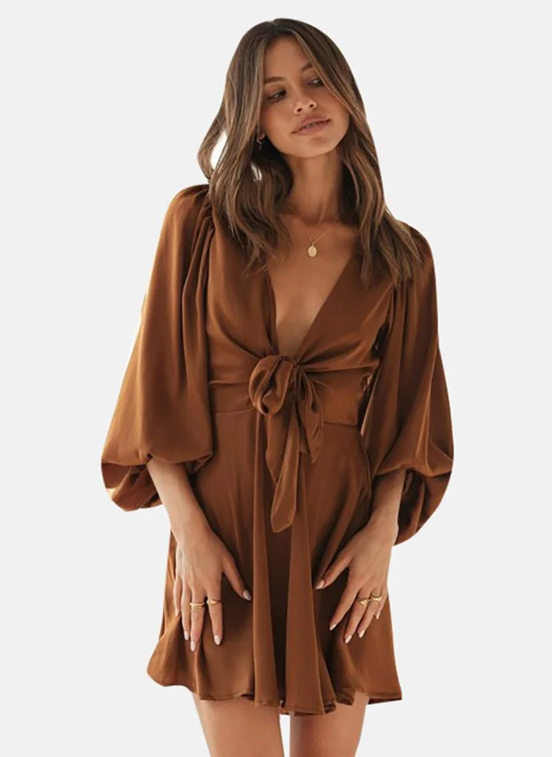 يونيكي Brown V-Neck Puff Sleeve Tie Up Fit & Flare Dress